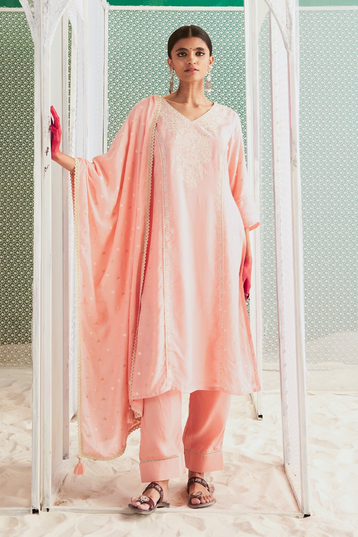 Peach Embroidered Straight Kurta 3 Pcs Set