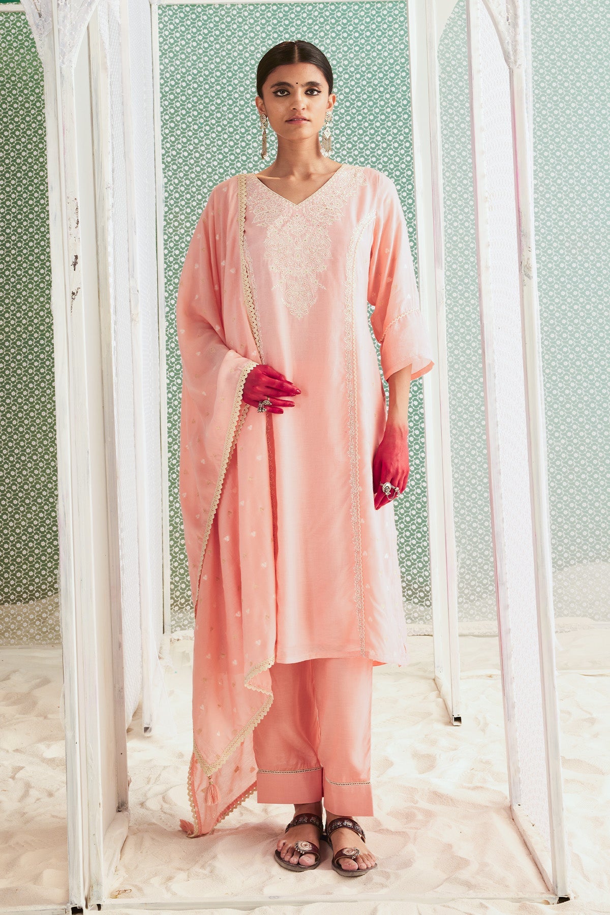 Peach Embroidered Straight Kurta 3 Pcs Set