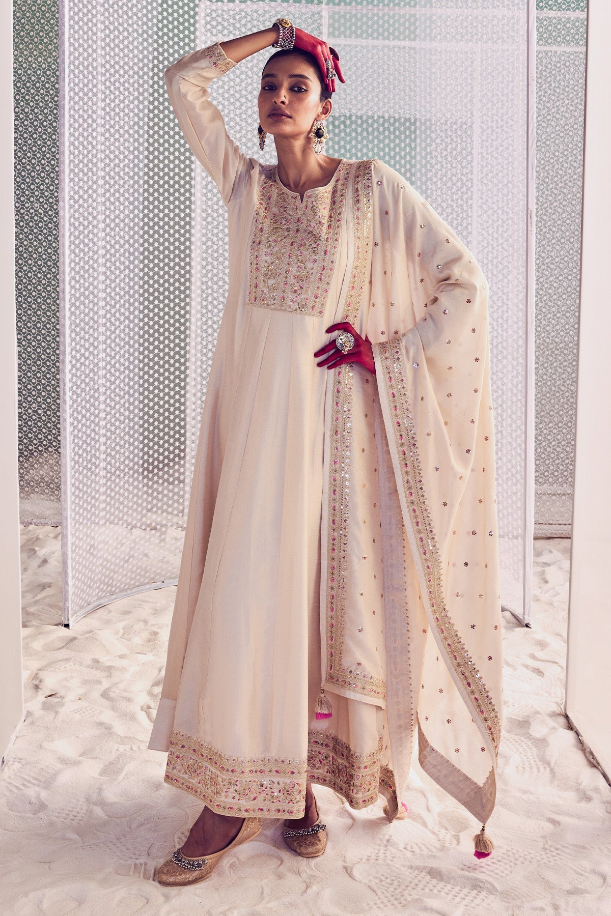 Cream Embroidered Dress with Dupatta