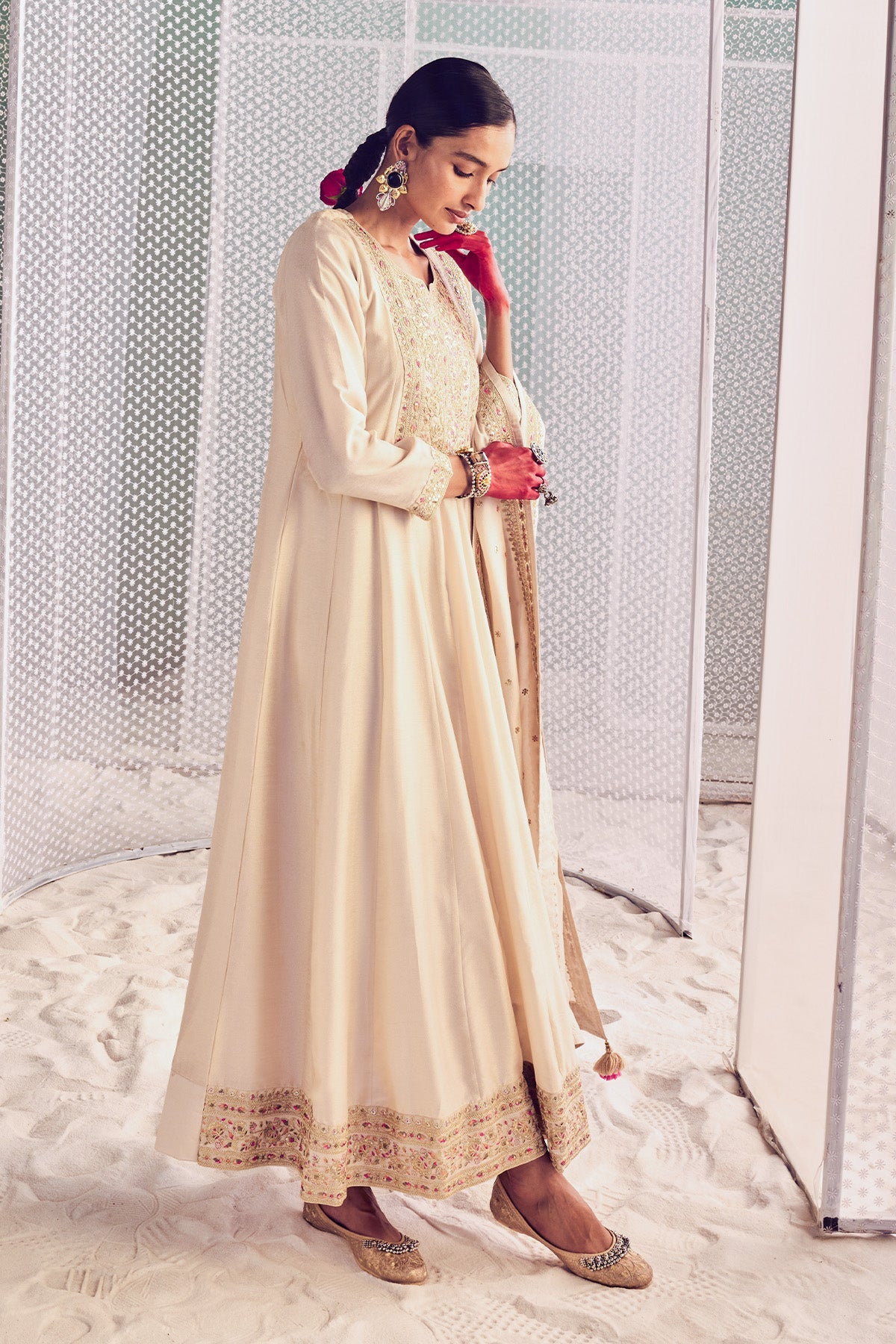 Cream Embroidered Dress with Dupatta