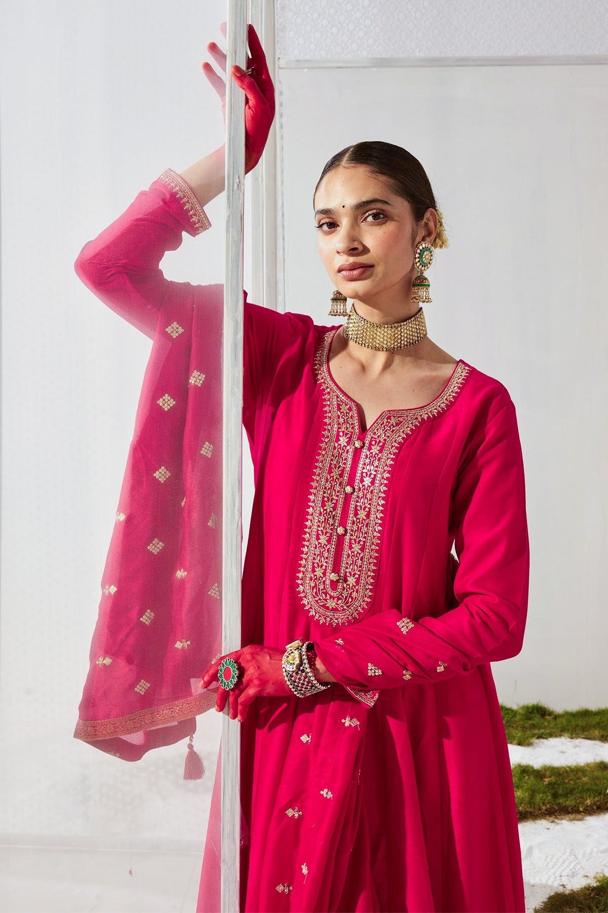 Magenta Embroidered Dress with Dupatta