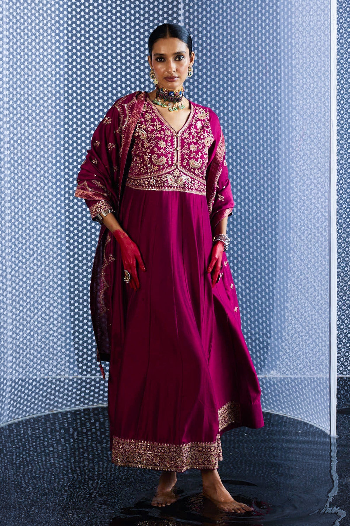 Magenta Embroidered Dress with Dupatta