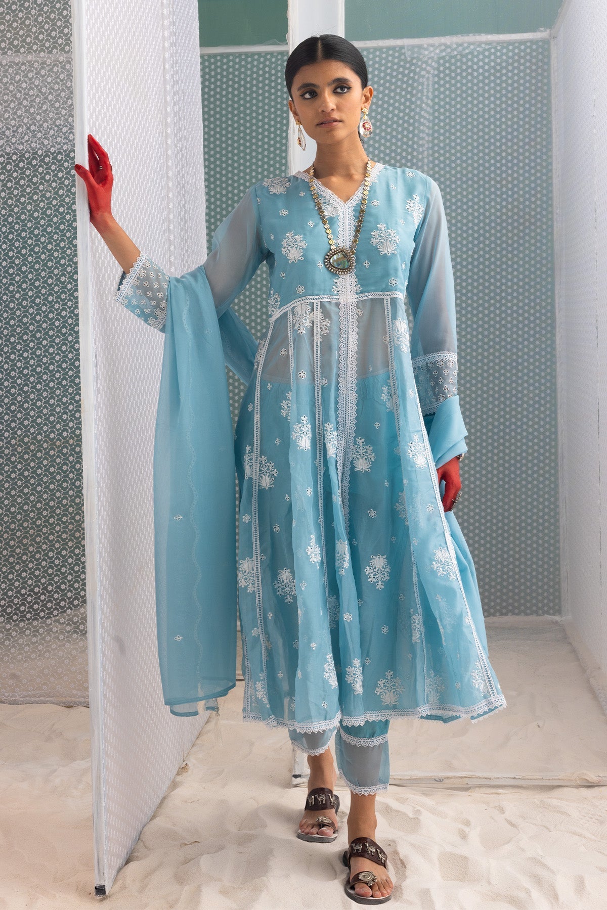 Blue Chikankari Flared Kurta 3 Pcs Set
