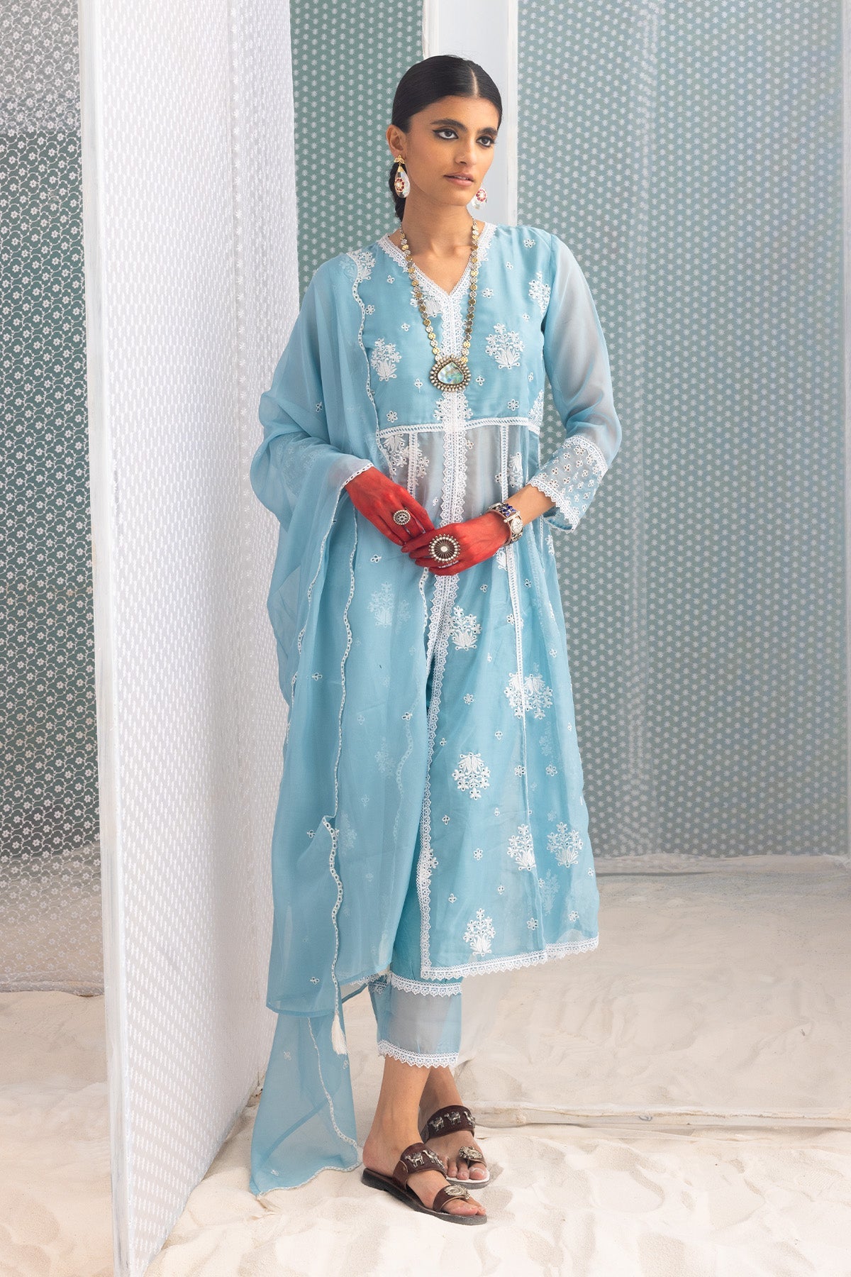 Blue Chikankari Flared Kurta 3 Pcs Set