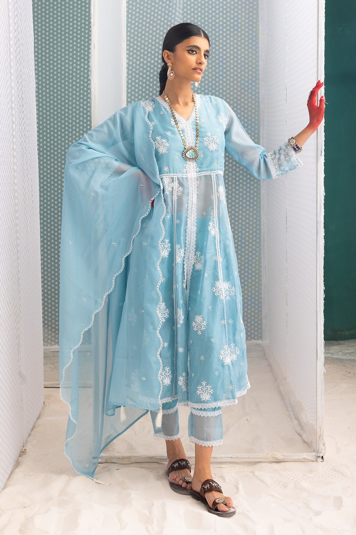 Blue Chikankari Flared Kurta 3 Pcs Set