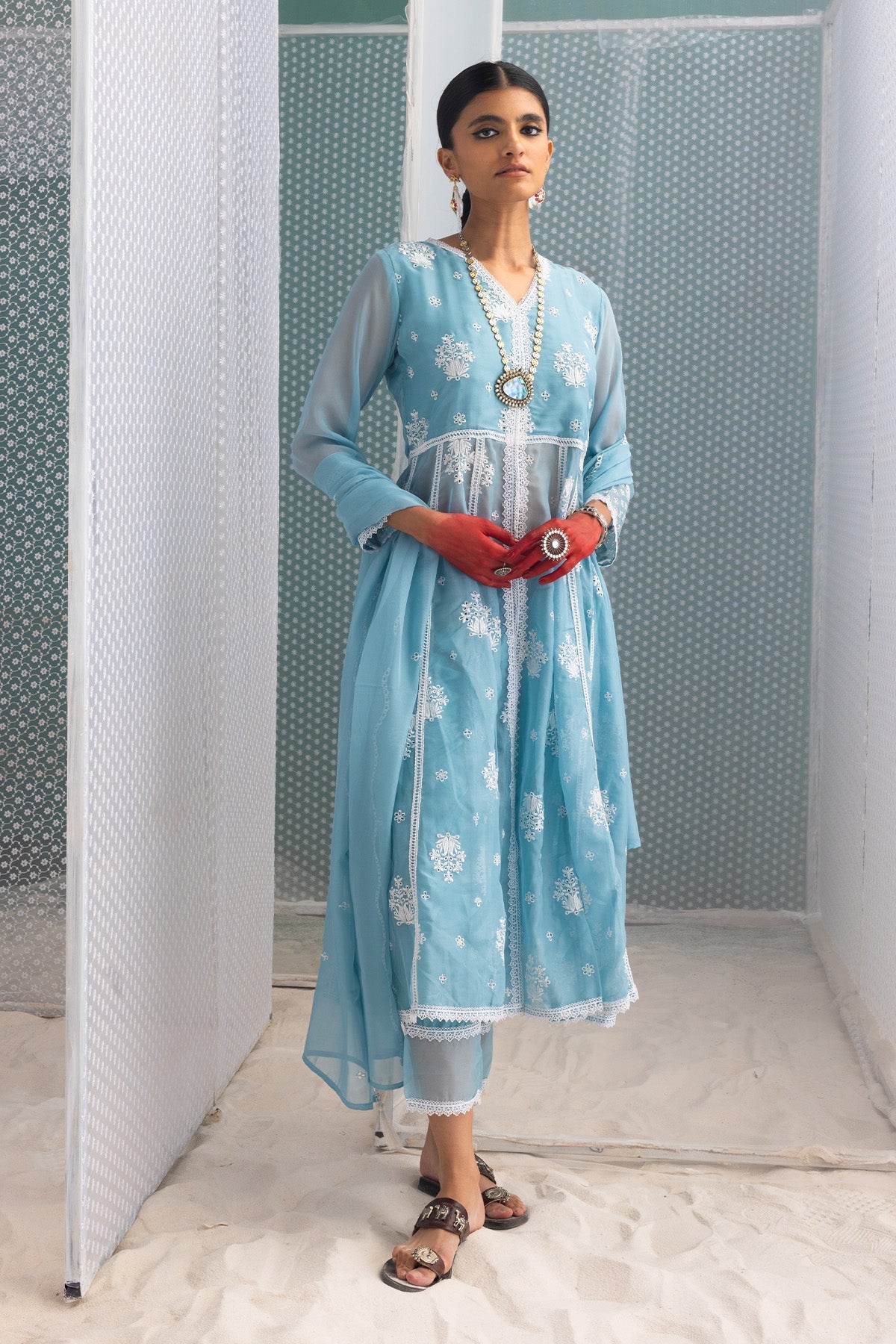 Blue Chikankari Flared Kurta 3 Pcs Set