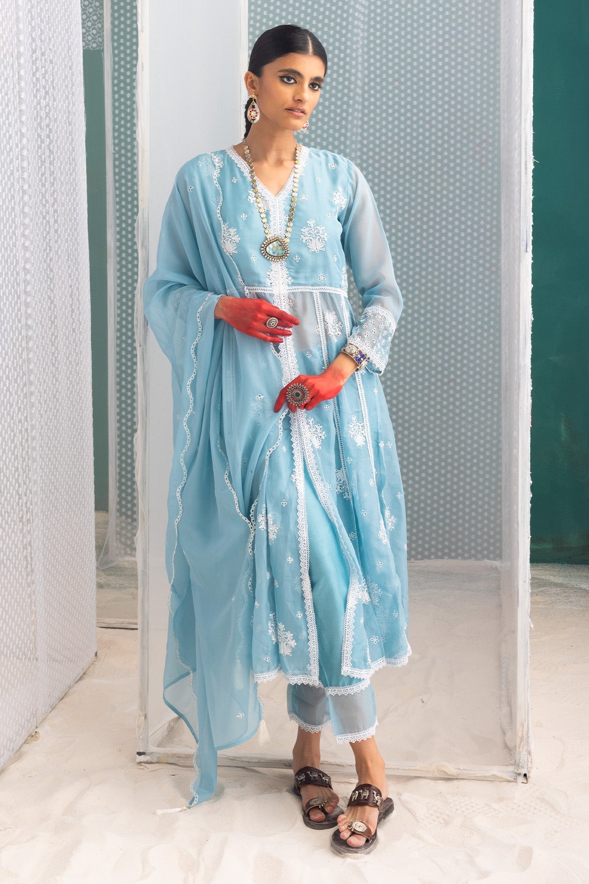 Blue Chikankari Flared Kurta 3 Pcs Set