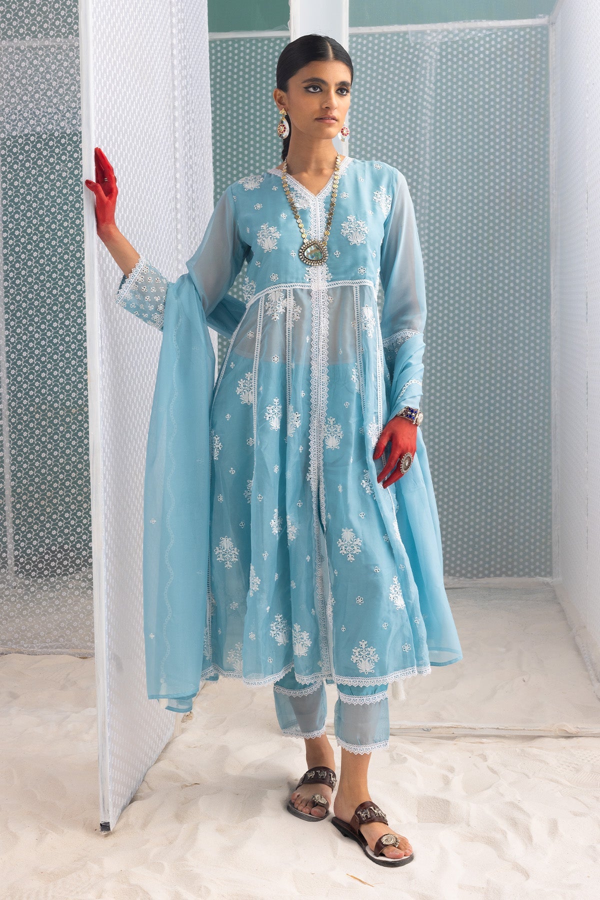Blue Chikankari Flared Kurta 3 Pcs Set