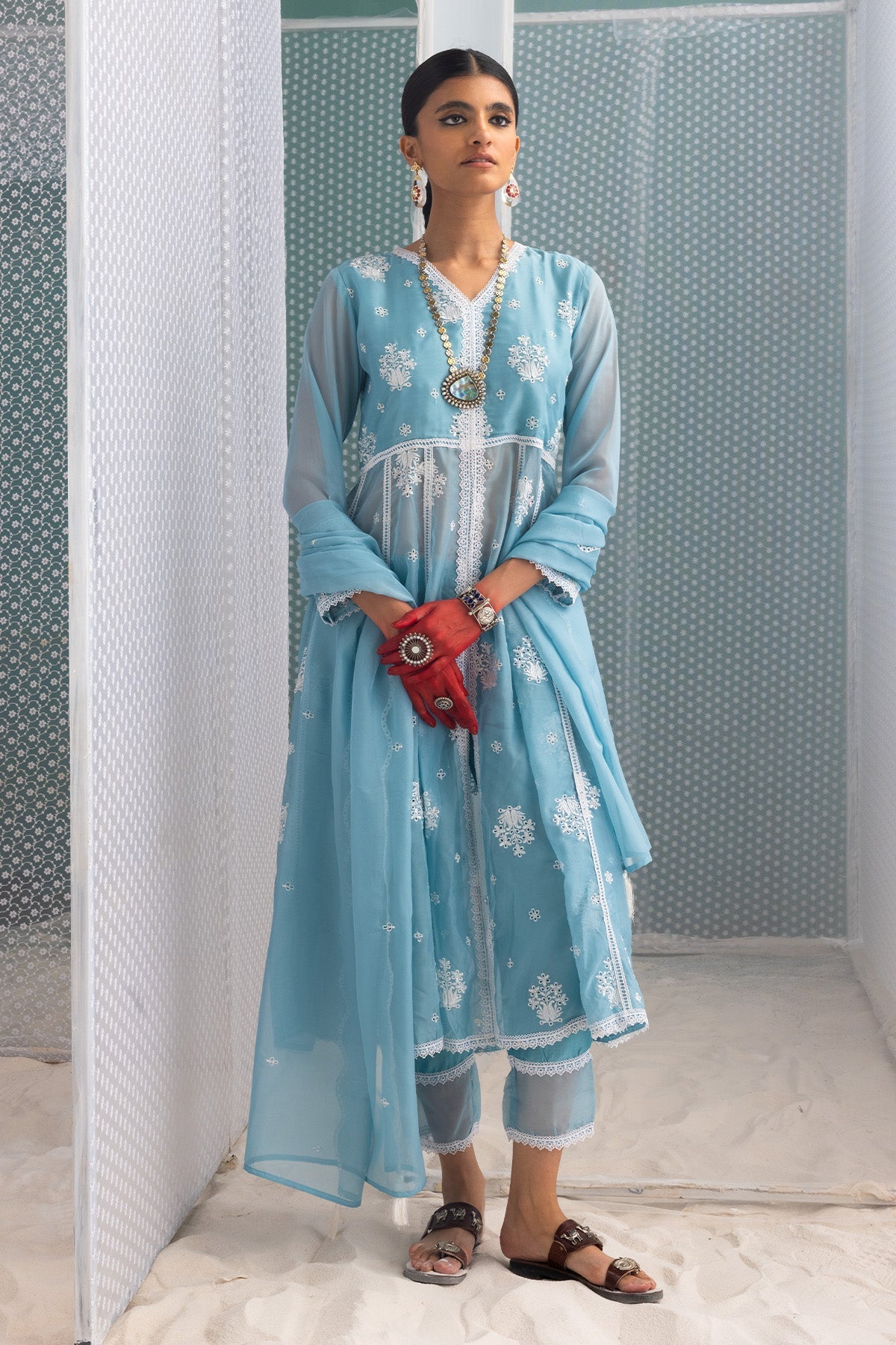 Blue Chikankari Flared Kurta 3 Pcs Set