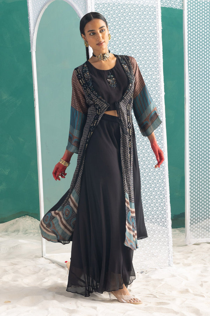 Black Dress with Printed Shrug