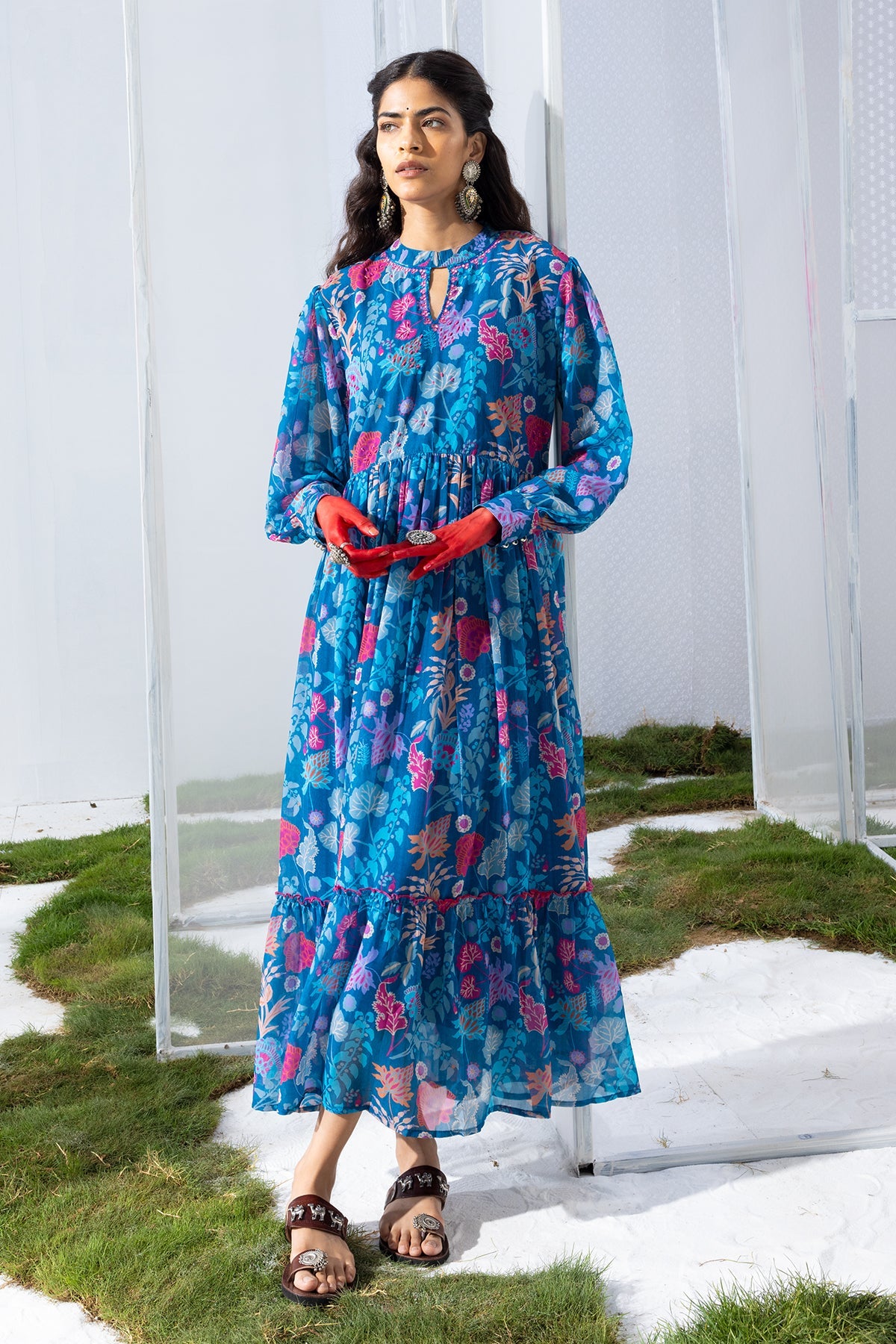 Blue Printed Flared Dress