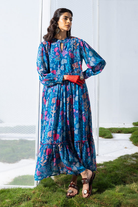 Blue Printed Flared Dress