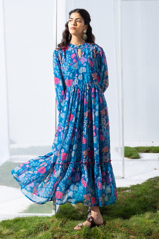 Blue Printed Flared Dress