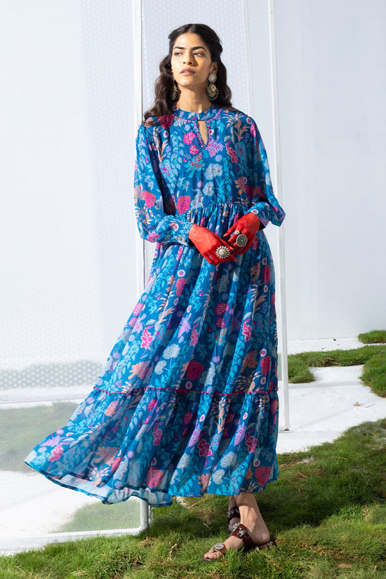 Blue Printed Flared Dress