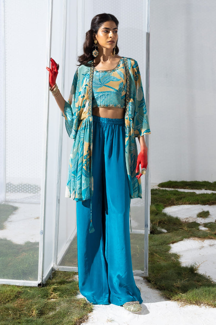 Blue Dress with a Printed Shrug
