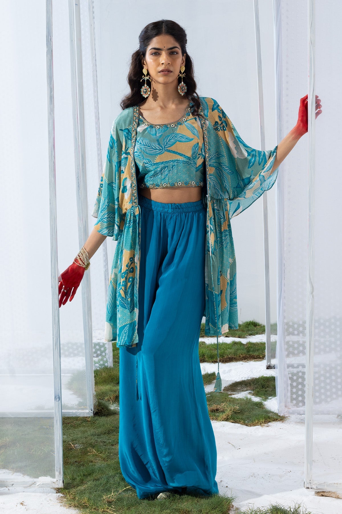 Blue Dress with a Printed Shrug