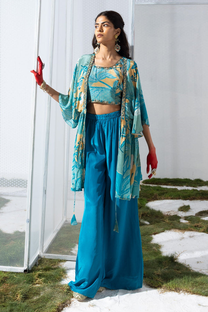 Blue Dress with a Printed Shrug