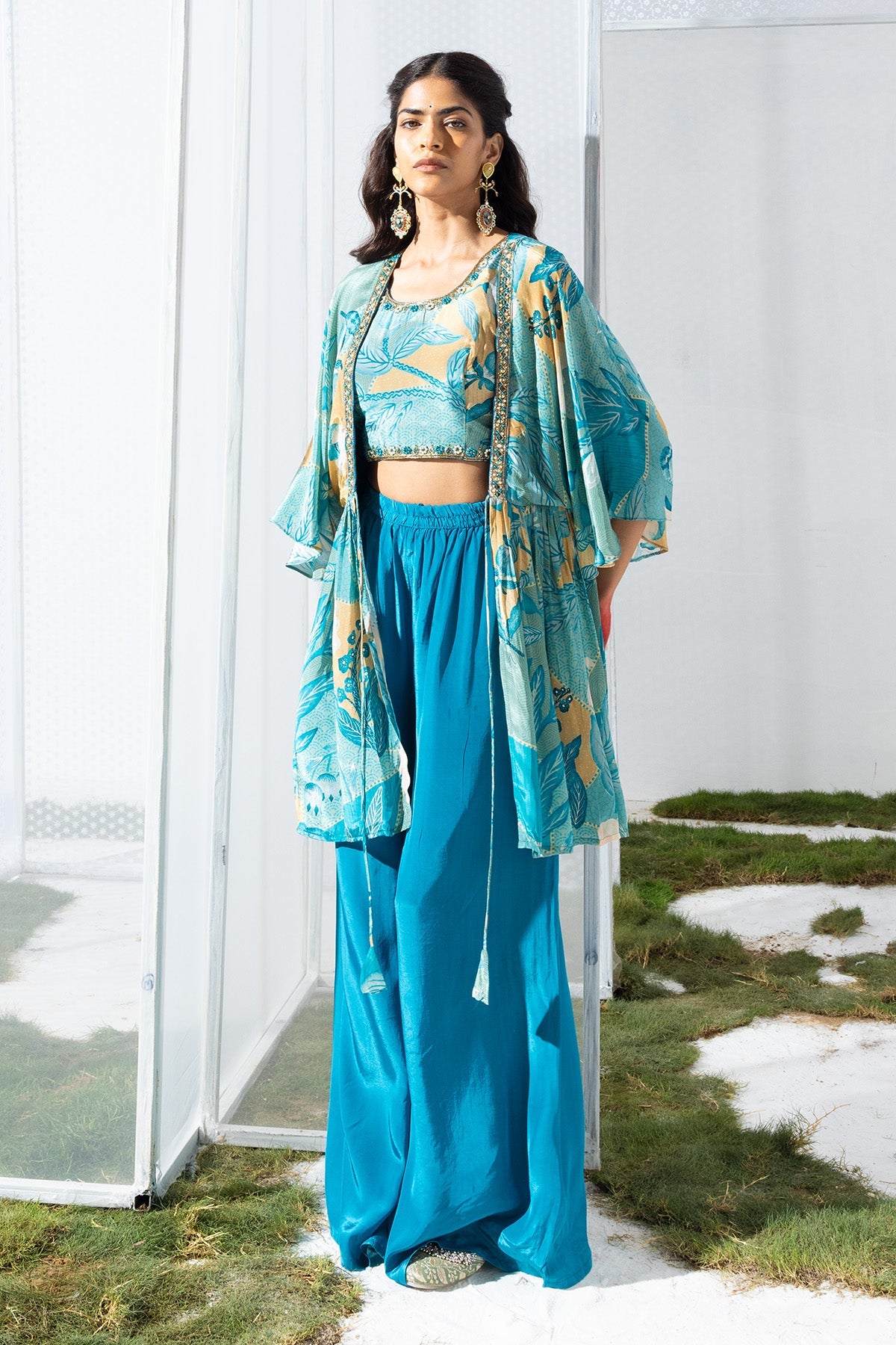 Blue Dress with a Printed Shrug