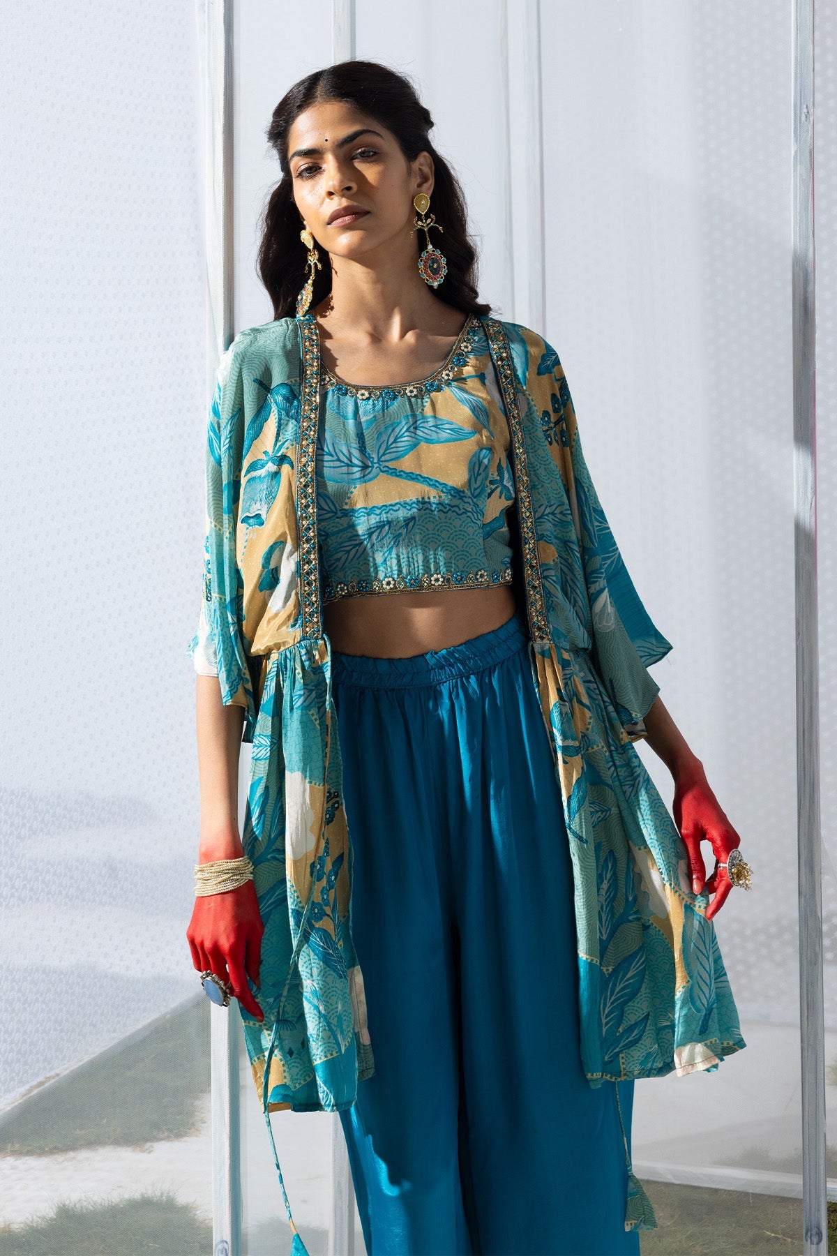 Blue Dress with a Printed Shrug