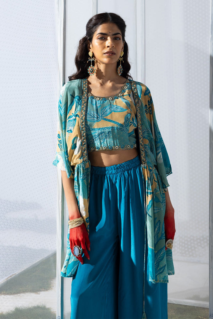 Blue Dress with a Printed Shrug