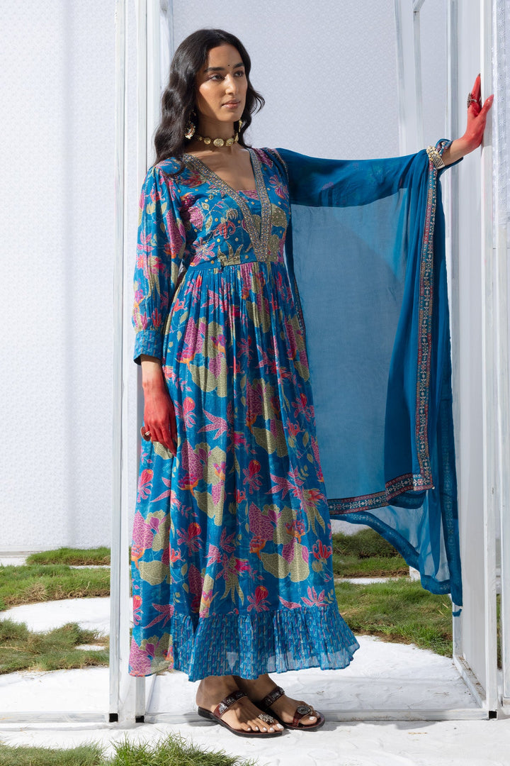 Blue Yoke Printed Dress
