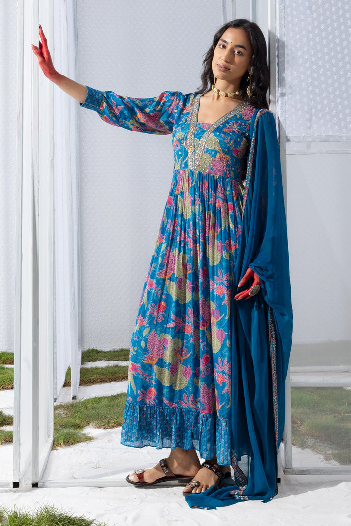 Blue Yoke Printed Dress
