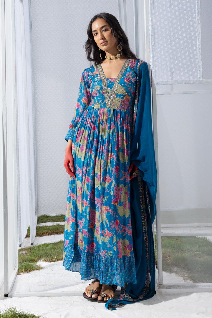 Blue Yoke Printed Dress