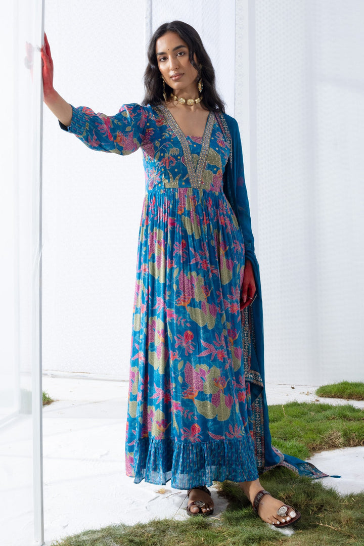Blue Yoke Printed Dress