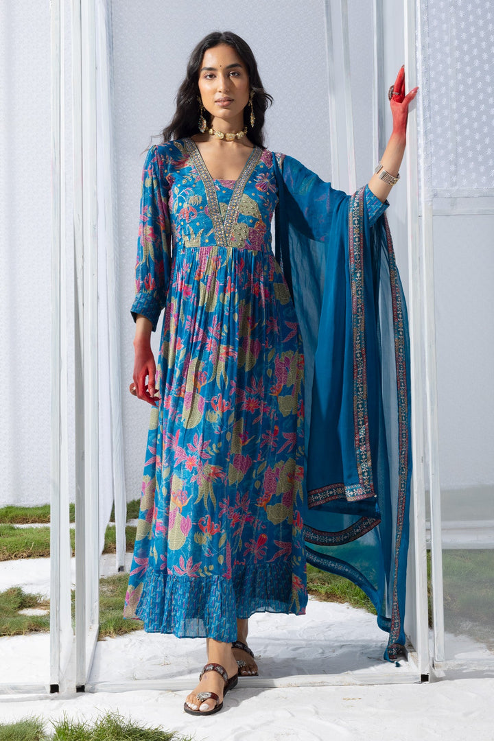 Blue Yoke Printed Dress