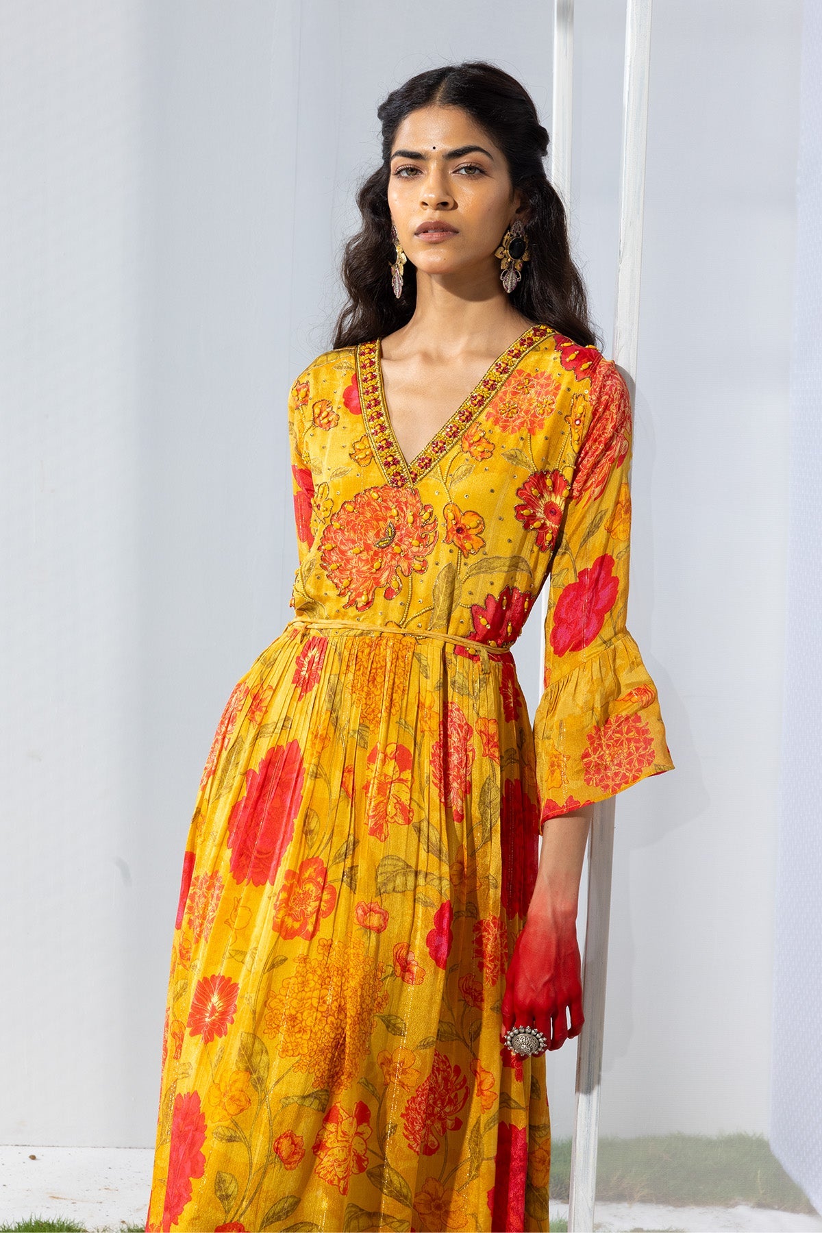 Yellow Yoke Mirror and Stone Work Printed Flared Dress