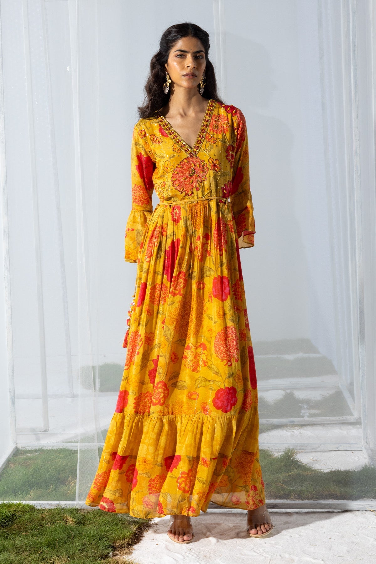 Yellow Yoke Mirror and Stone Work Printed Flared Dress