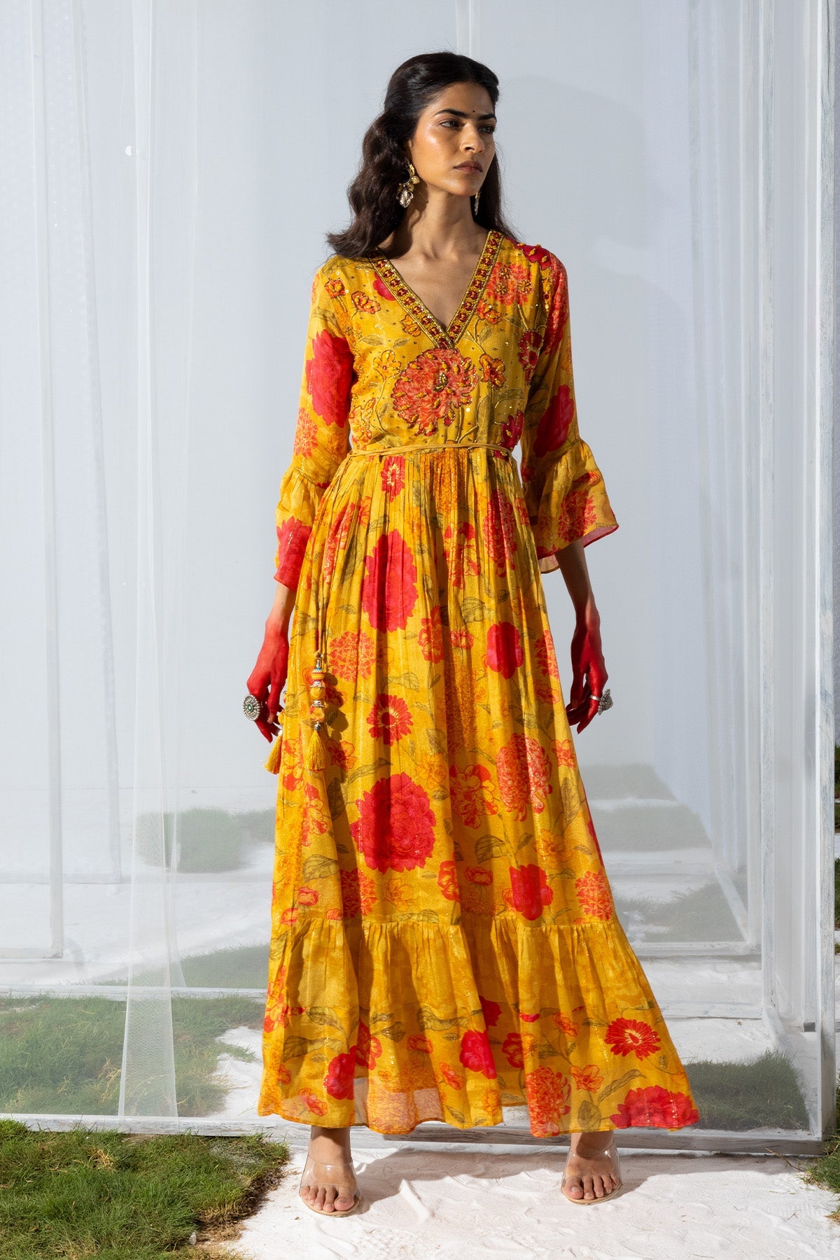 Yellow Yoke Mirror and Stone Work Printed Flared Dress