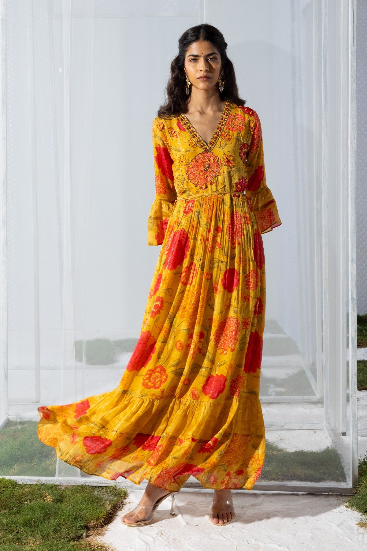 Yellow Yoke Mirror and Stone Work Printed Flared Dress