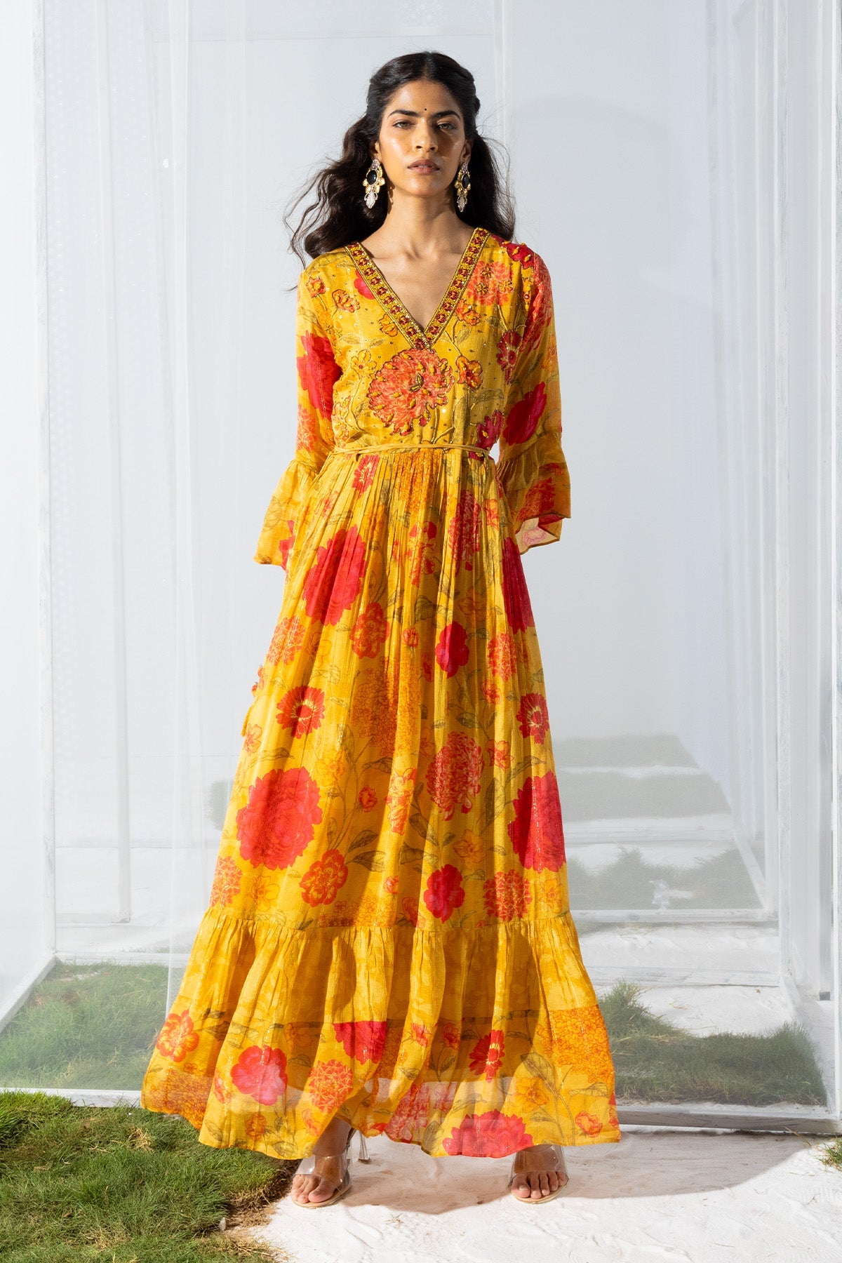 Yellow Yoke Mirror and Stone Work Printed Flared Dress