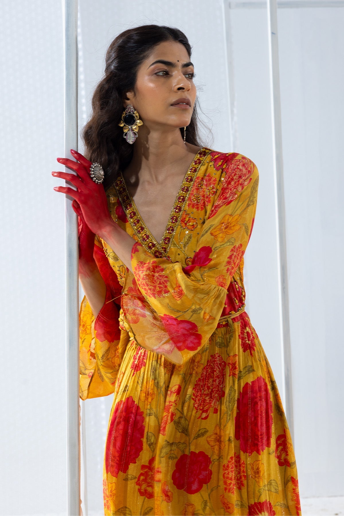 Yellow Yoke Mirror and Stone Work Printed Flared Dress