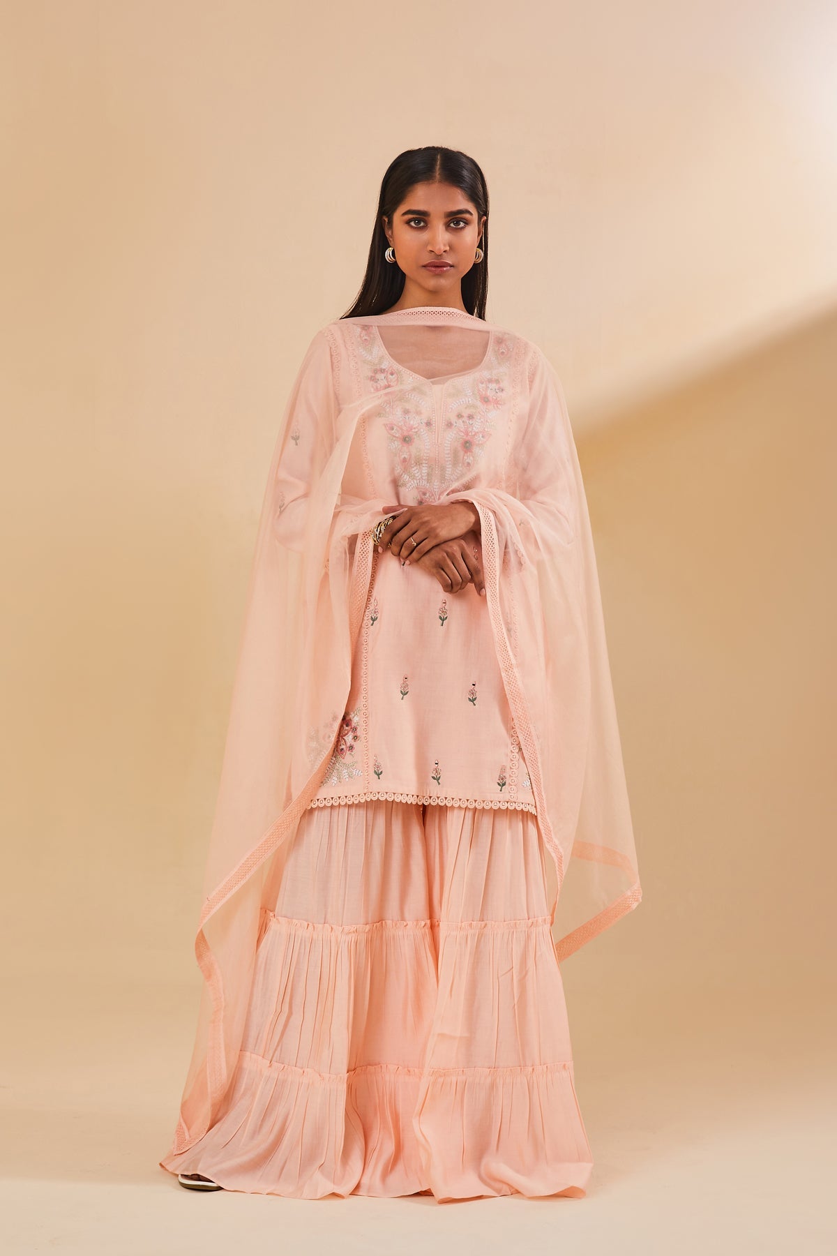 Peach Embroidered Kurta Sharara Set
