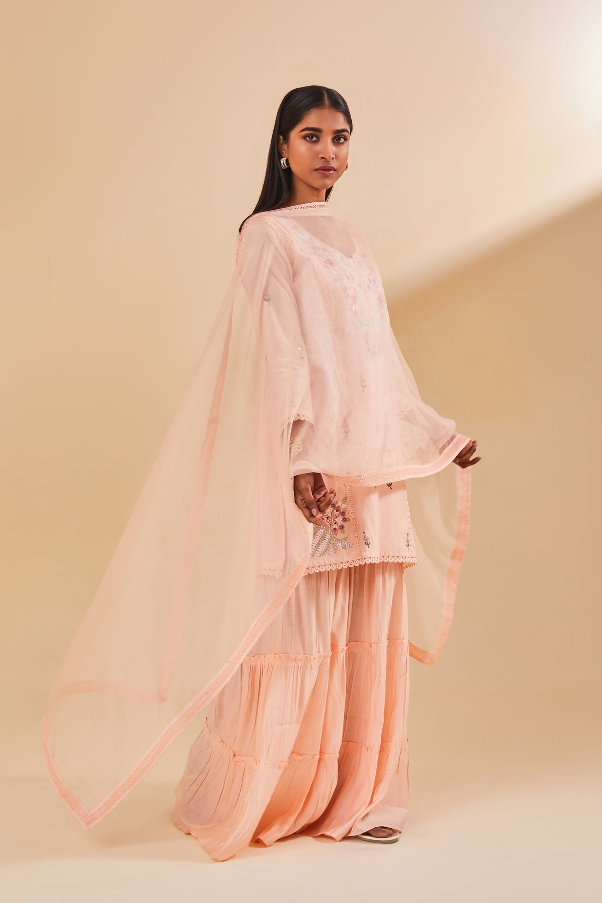 Peach Embroidered Kurta Sharara Set