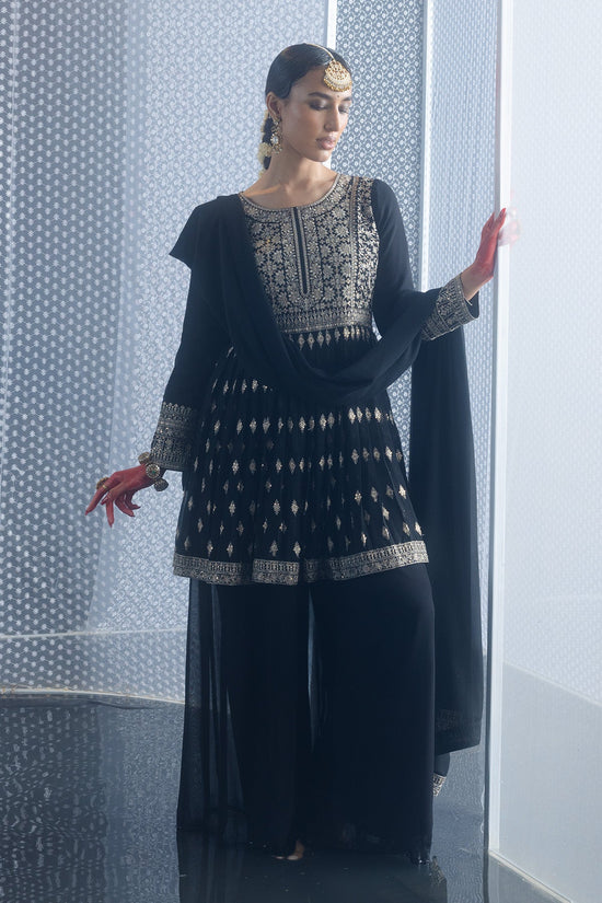 Black Embroidered Flared Kurta 3 Pcs Set