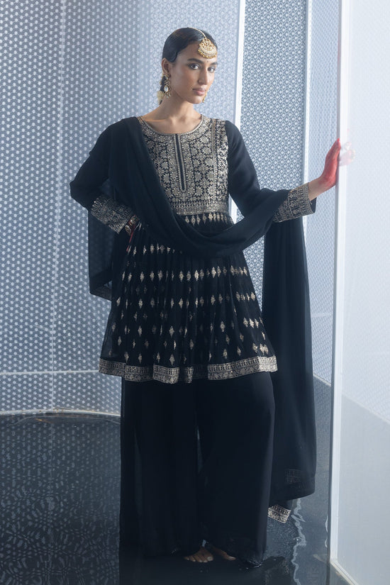 Black Embroidered Flared Kurta 3 Pcs Set