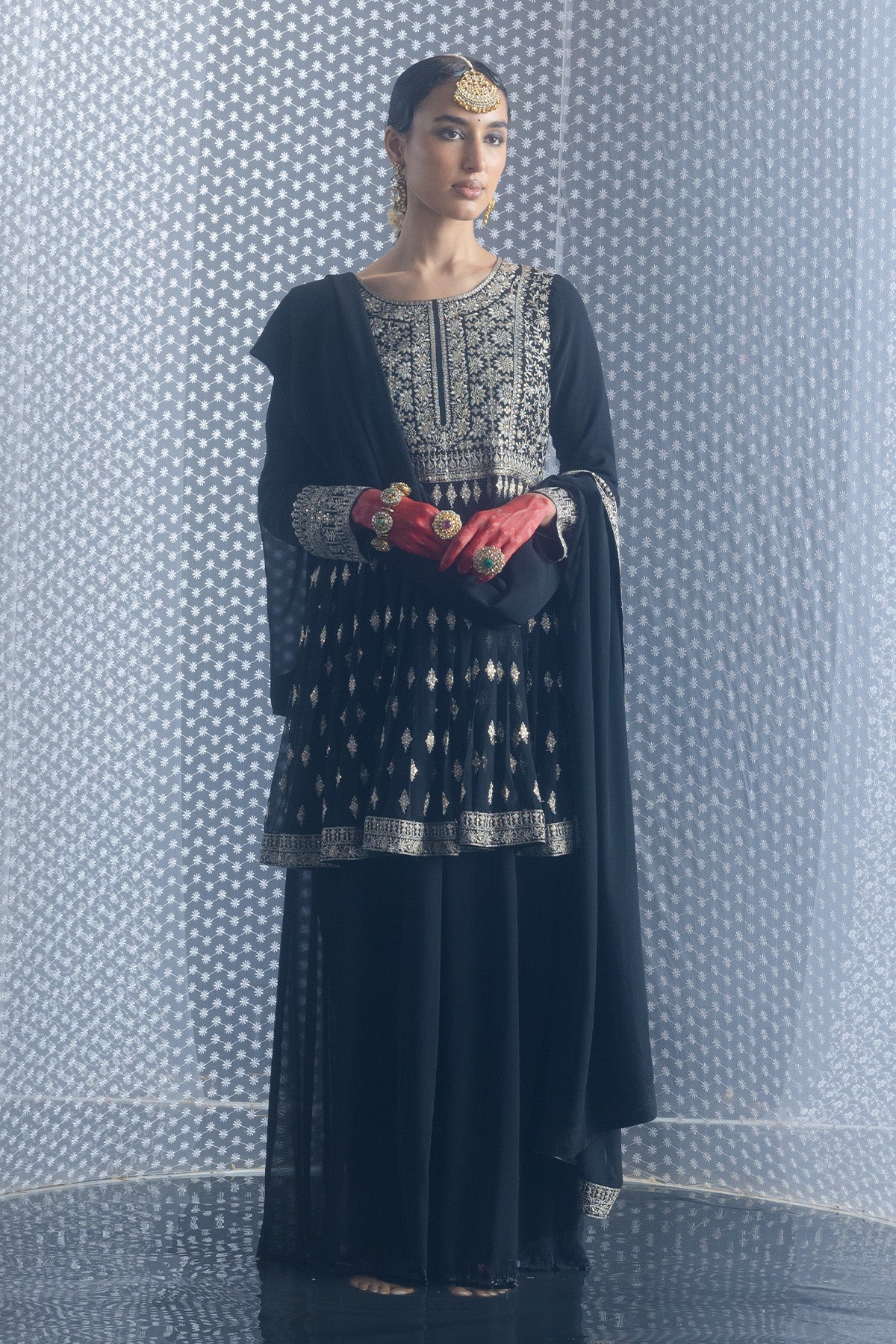 Black Embroidered Flared Kurta 3 Pcs Set