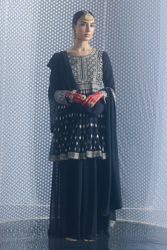 Black Embroidered Flared Kurta 3 Pcs Set