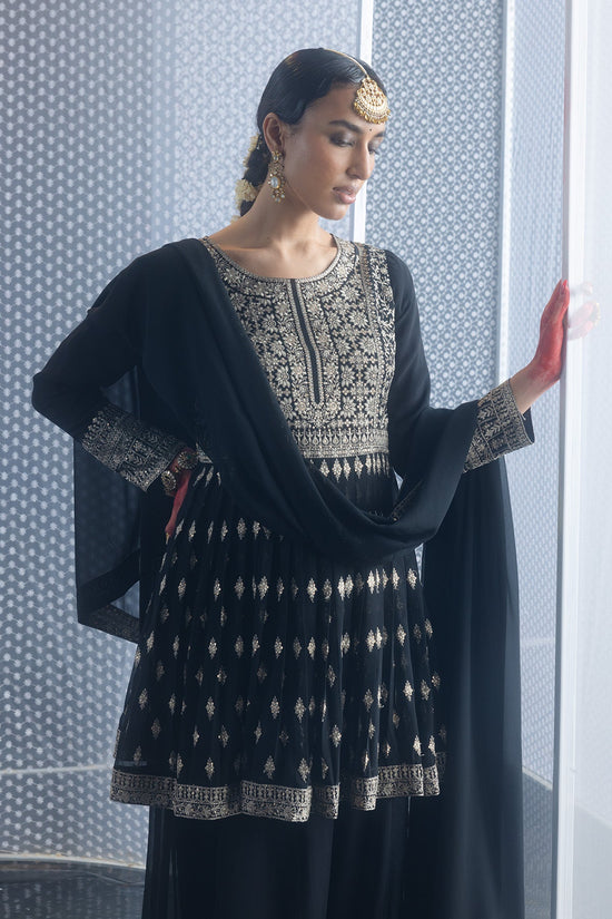 Black Embroidered Flared Kurta 3 Pcs Set