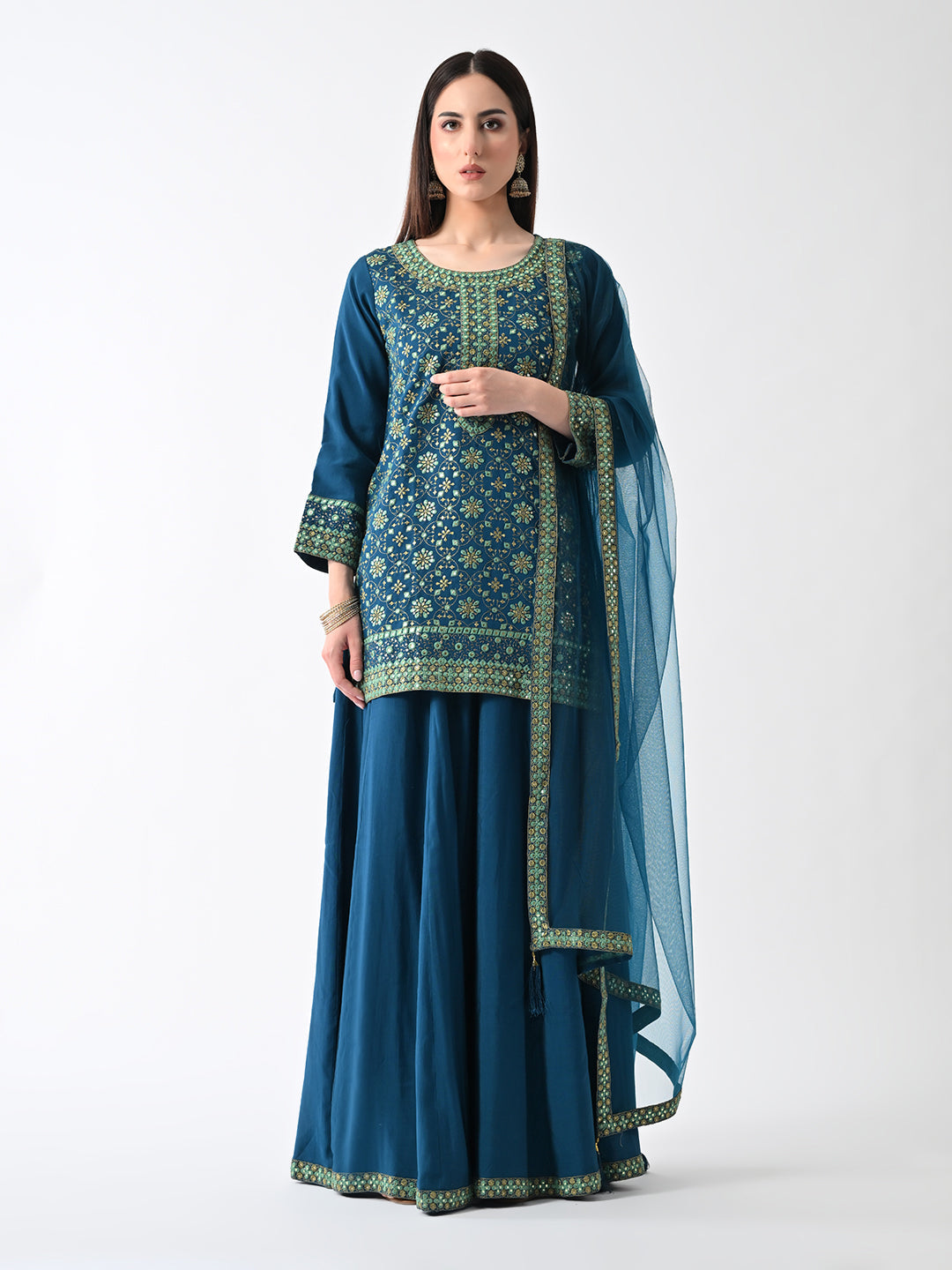 Teal Yoke Embroidered Kurta 3 Pcs Set