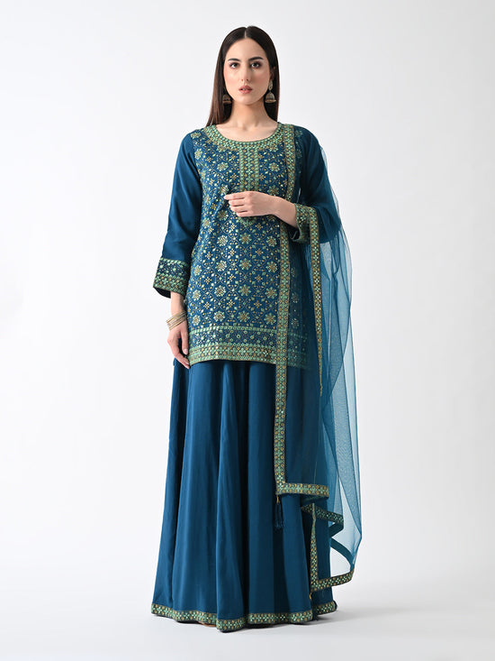 Teal Yoke Embroidered Kurta 3 Pcs Set