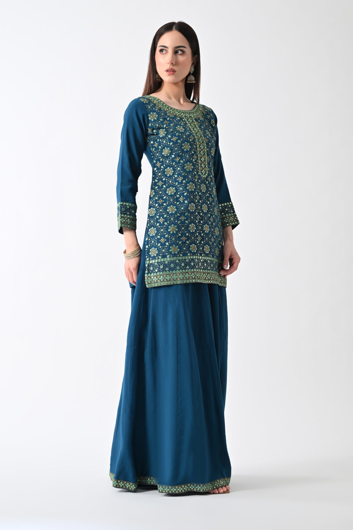 Teal Yoke Embroidered Kurta 3 Pcs Set