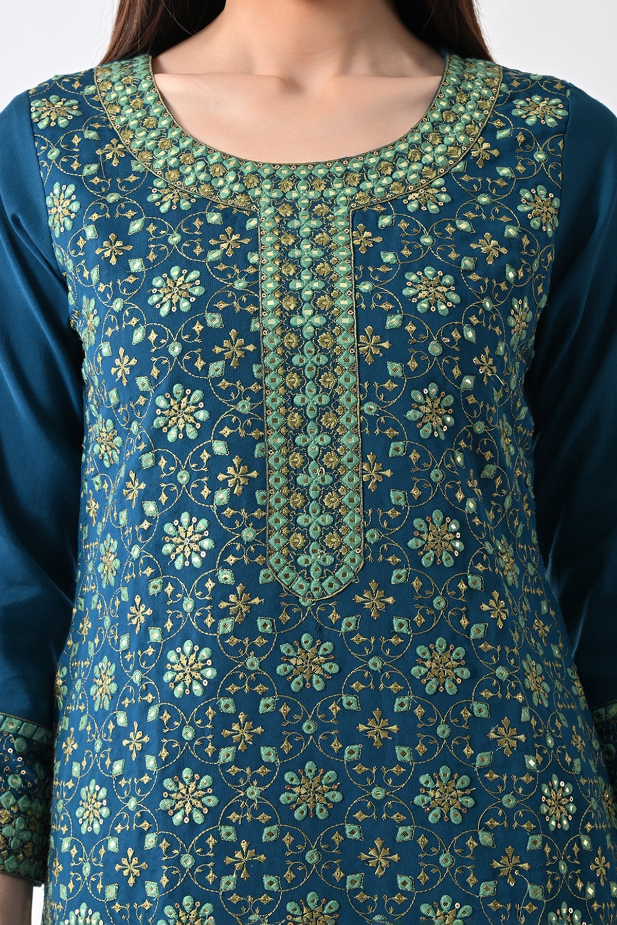 Teal Yoke Embroidered Kurta 3 Pcs Set
