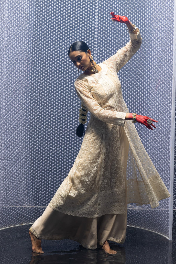 Cream Dress with Printed Shrug
