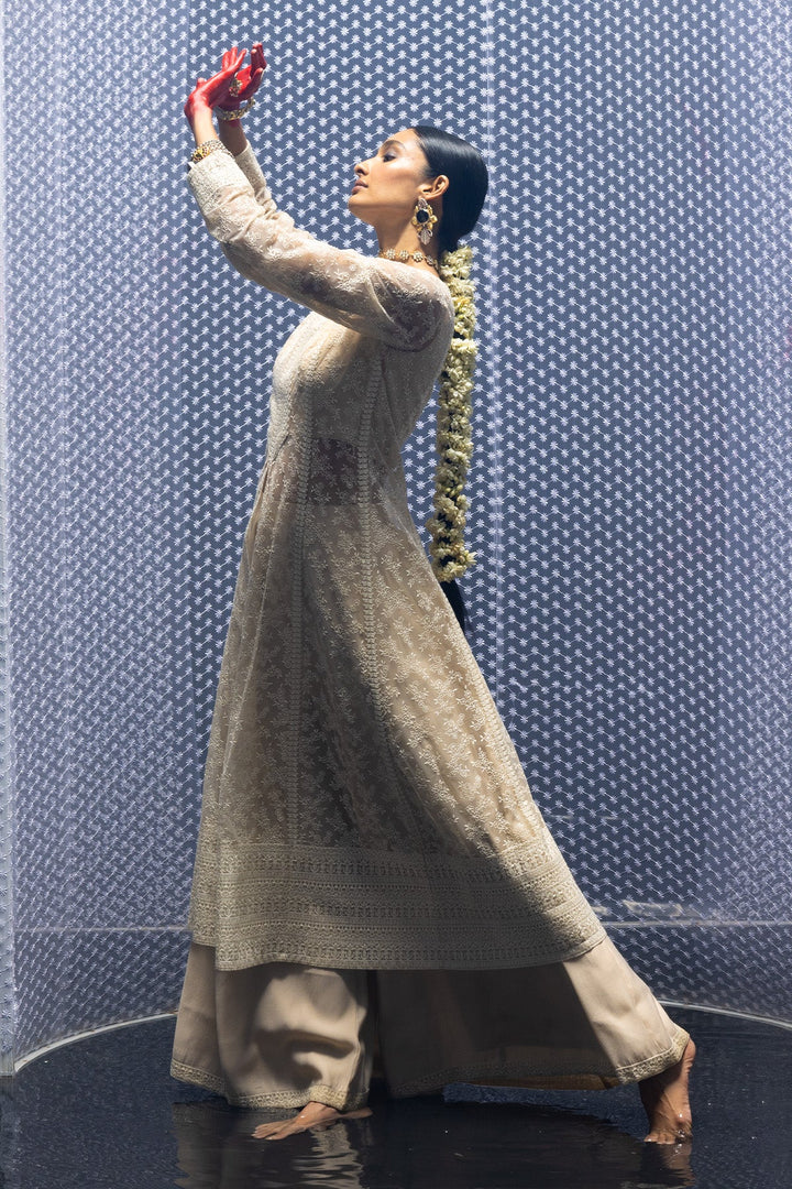 Cream Dress with Printed Shrug