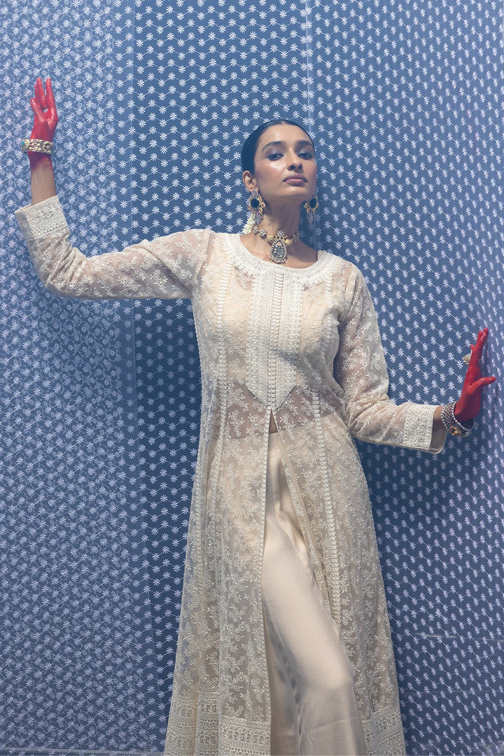 Cream Dress with Printed Shrug