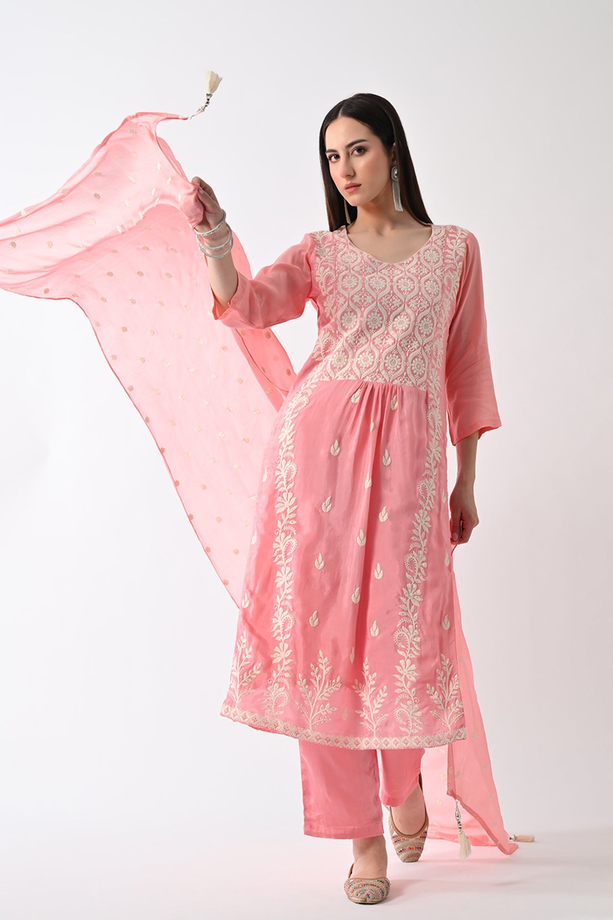 Peach Embroidered Kurta 3 Pcs Set